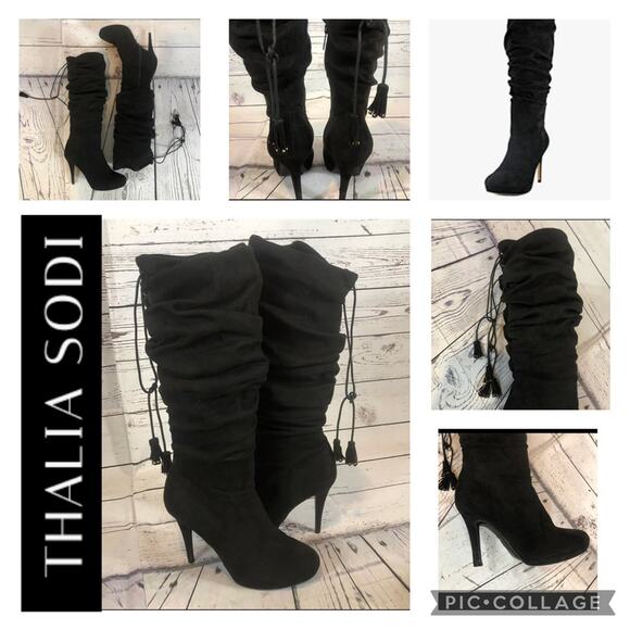 Thalia Sodi Brisaf Fabric knee high Slouchy Heel boots with tassels black size 9 - Picture 11 of 11